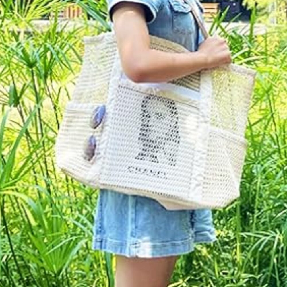 Neiman Marcus Beige Sandproof Bottom Beach Bag